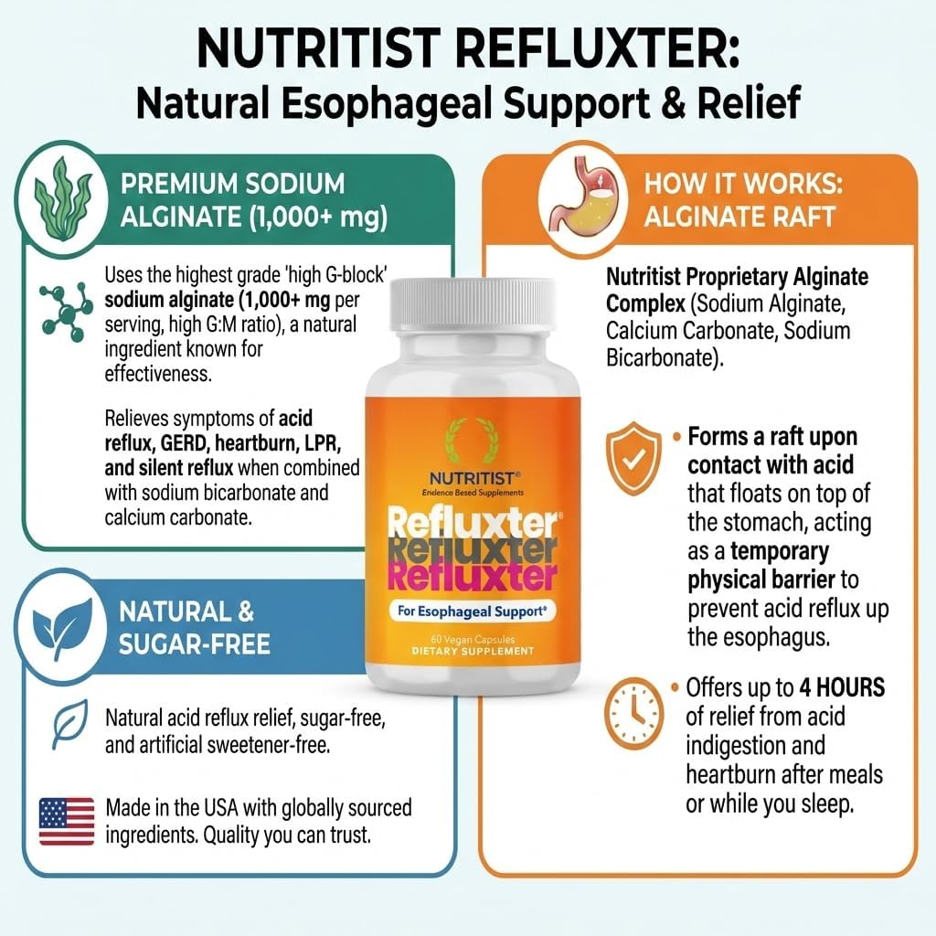 Refluxter Sodium Alginate Capsules 1000+ mg for Acid Reflux LPR & GERD | Natural alginate raft for heartburn, silent reflux & nighttime acid. Vegan supplement, 60 capsules, no aluminum or sugar