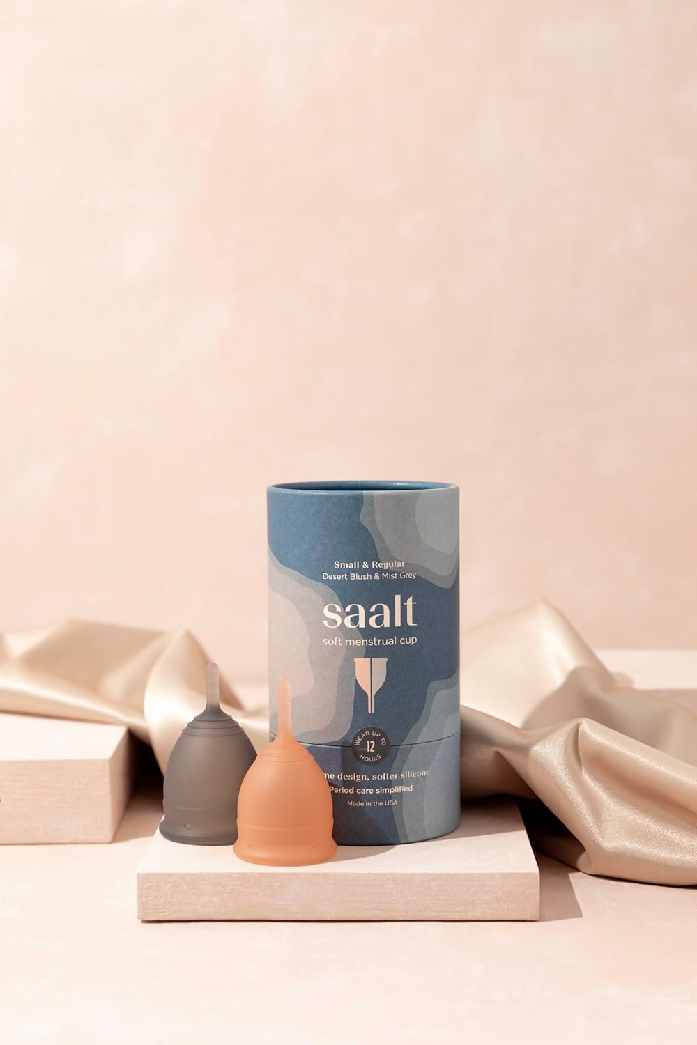 Saalt Soft Menstrual Cup – Reusable Period Cup – Made for Comfortable, Leak-Free Protection Up to 12 Hours – BPA & Latex Free – Includes Cup & Carry Bag (Regular Grey/Small Desert Blush)