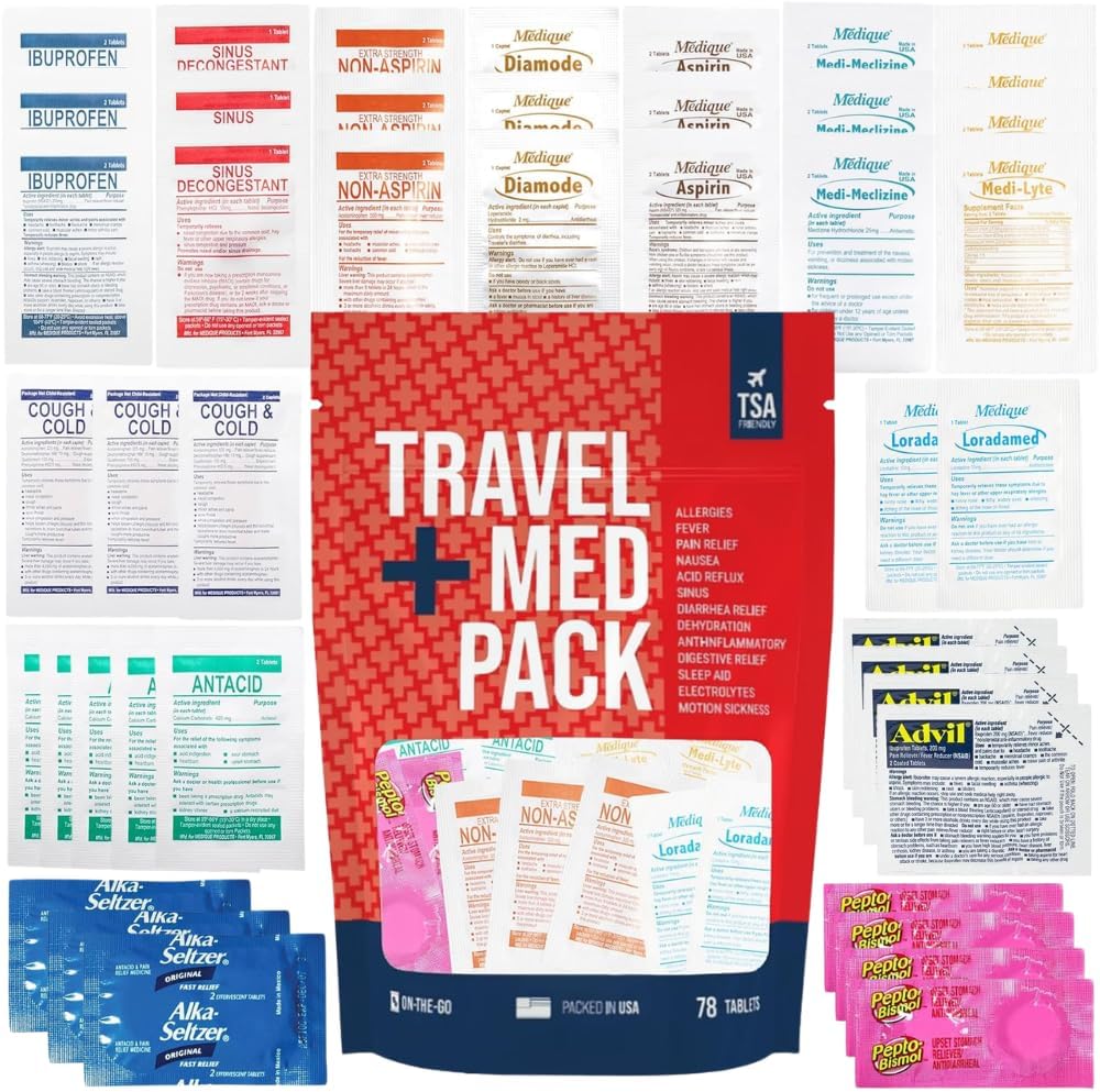 Travel Medicine Kit - 78-Piece TSA-Approved Urgent Care Kit Medication Pack for Flights, Cruises & International Travel | Individually Wrapped OTC Medication Essentials