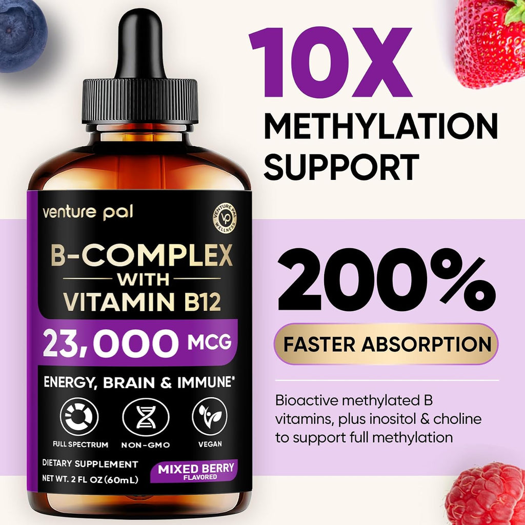 Vitamin B Complex 23000mcg - Methyl B12| B9 Folic|B7 Biotin,B1,B2,B3,B5,B6, | Vitamin B Complex Liquid Drops for Men & Women with Vitamin C, Choline & Inositol for Energy, Immune & Brain Support - 2Oz