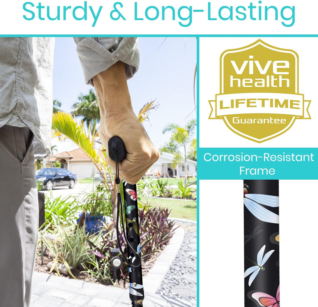 Vive Folding Cane - Foldable Walking for Men, Women Fold-up & Collapsible | Lightweight, Adjustable, Portable Hand Stick Balancing Mobility Aid Sleek, Comfortable (Black Butterfly)
