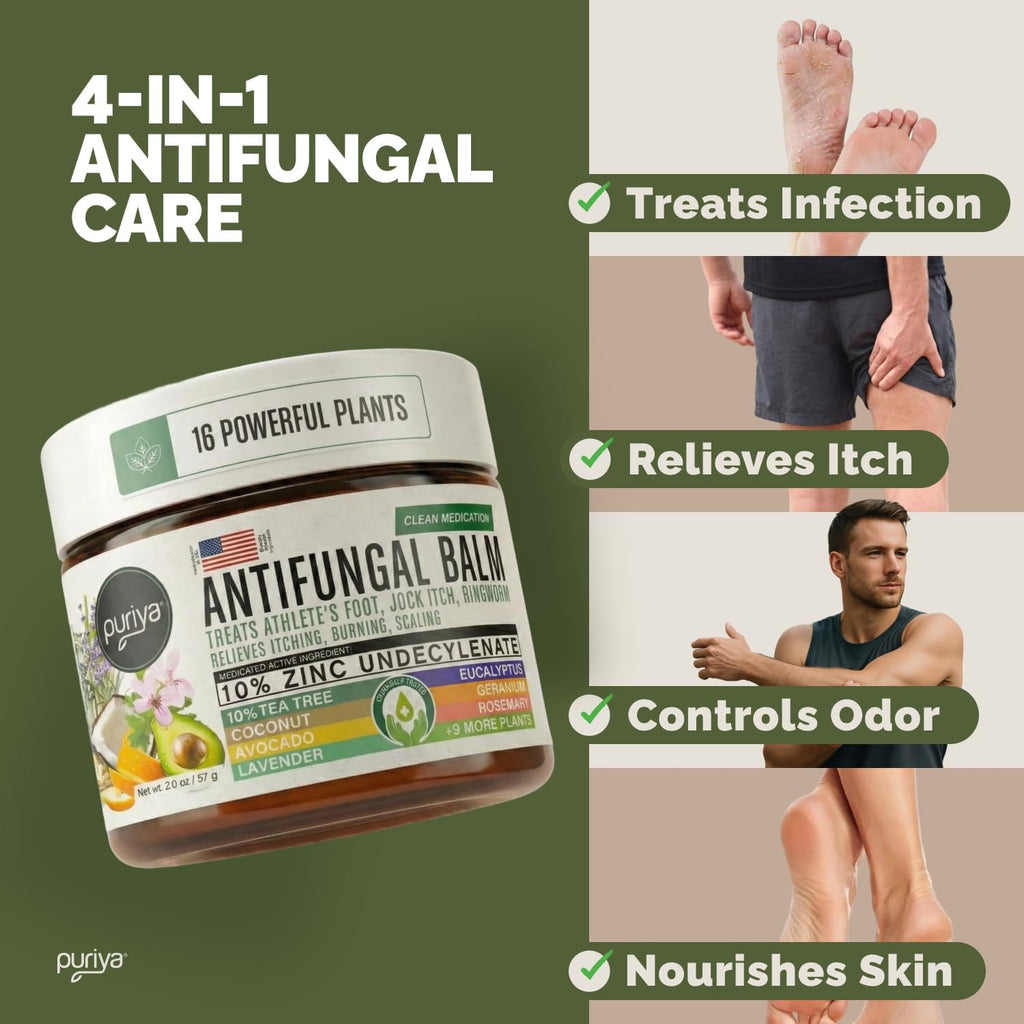 Puriya Antifungal Balm, Athlete's Foot, Jock Itch, Ringworm Treatment, 2 oz | Clinically Proven, Concentrated, Antifungal Cream, Relieves Itching, Burning, Cracking, Treats & Hydrates Skin, Plant-Powered