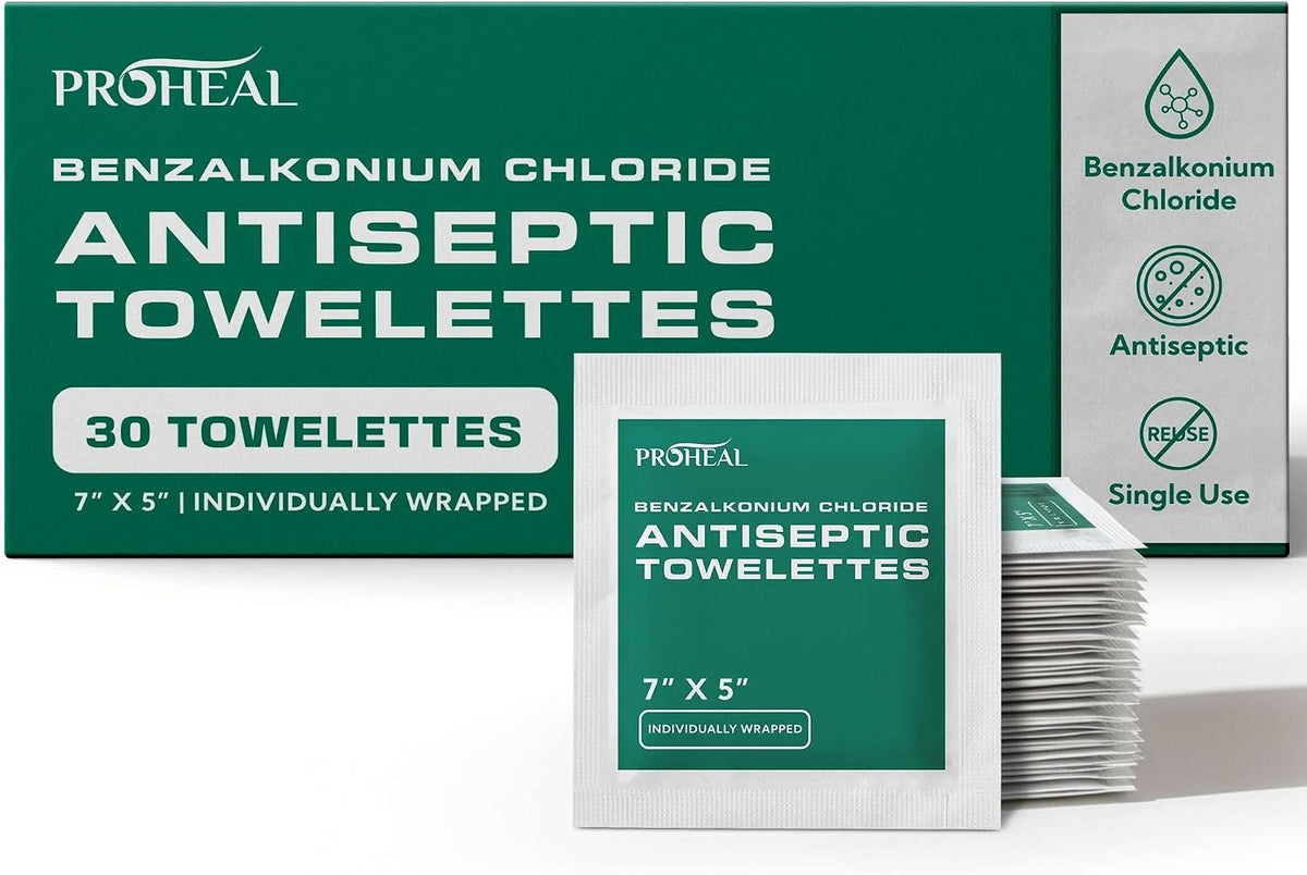 BZK Antiseptic Wipes, 30 Count - 7"x5" Individually Wrapped Benzalkonium Chloride Antiseptic Towelettes - Alcohol Free for Minor Cuts, Scrapes, Burns, and More