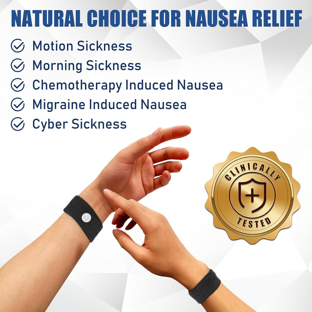 Hionfurt Motion Sickness Bands Anti Nausea Wristband for Adult and Kids Morning Sickness Relief for Pregnant Women Acupressure Nausea Relief for Car, Sea, Air Sickness - 2 Pairs Gray, Black