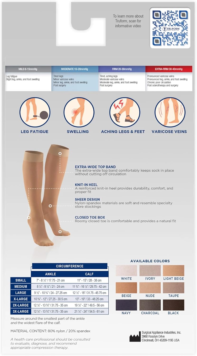 Truform Sheer Compression Stockings, 15-20 mmHg, Women's Knee High Length, Open Toe, 20 Denier, Medium