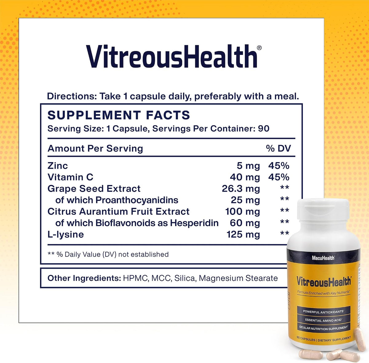 Macuhealth VitreousHealth Evidence-Based Eye Supplement - Ocular Nutrition | 90 capsules, with Zinc, Grape Seed Extract, with Citrus Aurantium Fruit Extract, L-lysine - Promotes Clearer Vision