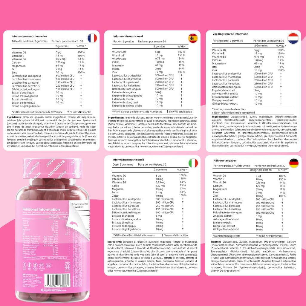 PMS Gummies with Probiotics - 60 Gummies - Multivitamins Woman with Ashwagandha, Dong Quai, Melissa, Vitamin B6, D and Zinc - Vegan - for Hormone Balance and Menstrual Cycle - Novomins