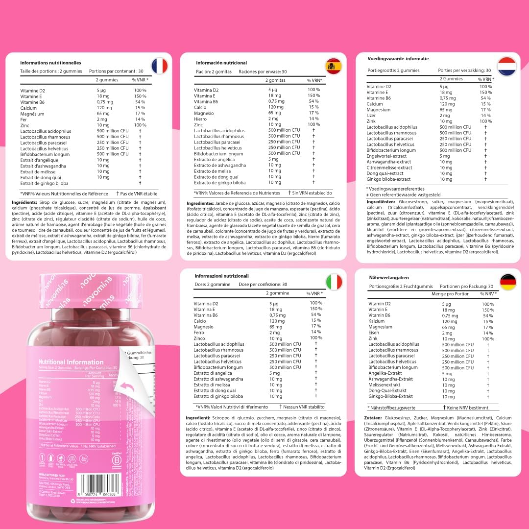 PMS Gummies with Probiotics - 60 Gummies - Multivitamins Woman with Ashwagandha, Dong Quai, Melissa, Vitamin B6, D and Zinc - Vegan - for Hormone Balance and Menstrual Cycle - Novomins