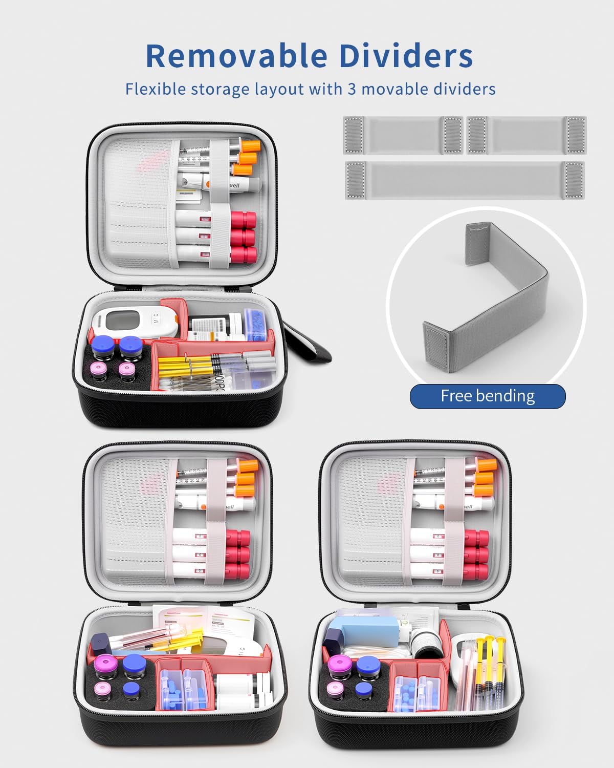 Diabetes Travel Case for Diabetic Supplies with Adjustable Dividers(Black) | Portable Diabetes Organizer for Glucose Meter, Blood Sugar Test Strips Kit, Insulin Pens, Vials, Syringes Lancing Device More