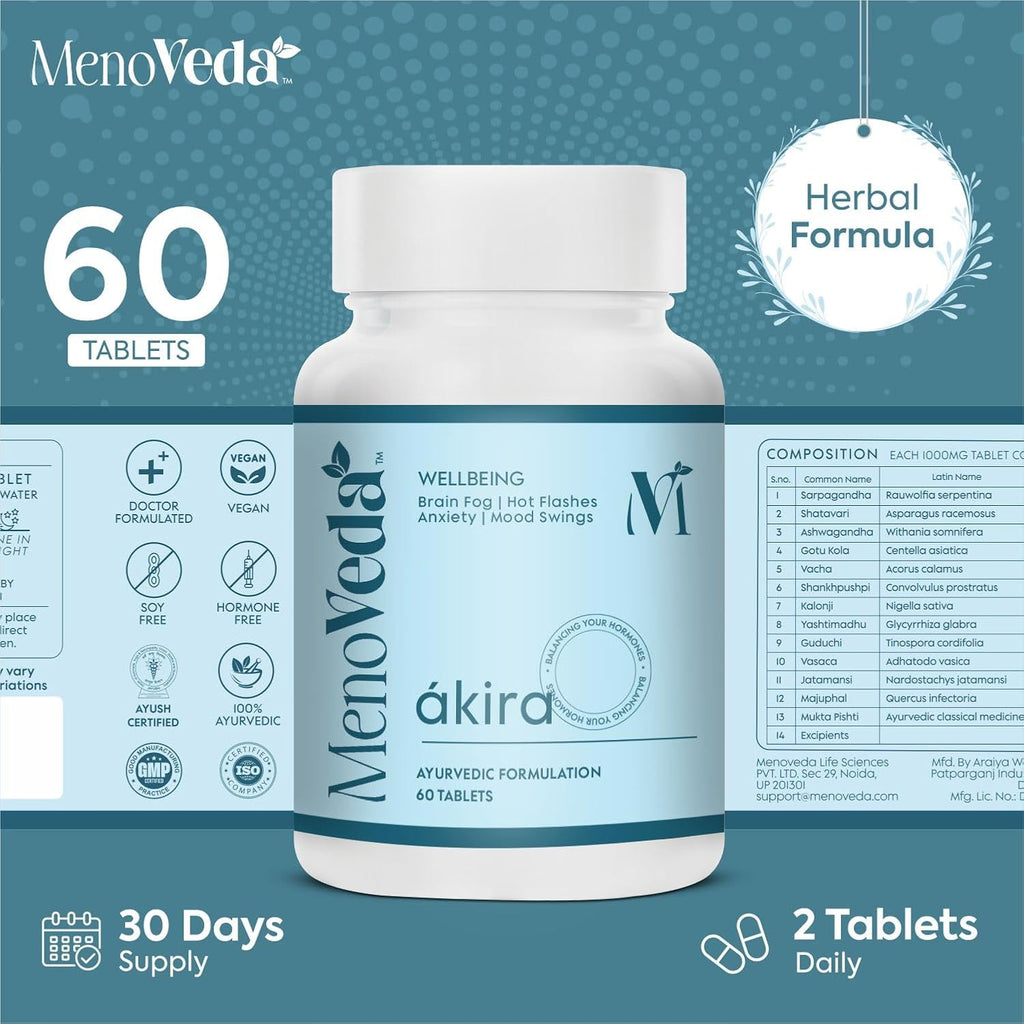 Menoveda Akira Menopause Support Supplement for Women – 60 Tablets | Hormonal Balance, Hot Flash & Night Sweat Relief, Mood, Sleep & Stress Support | Perimenopause & Menopause Vitamins for Women