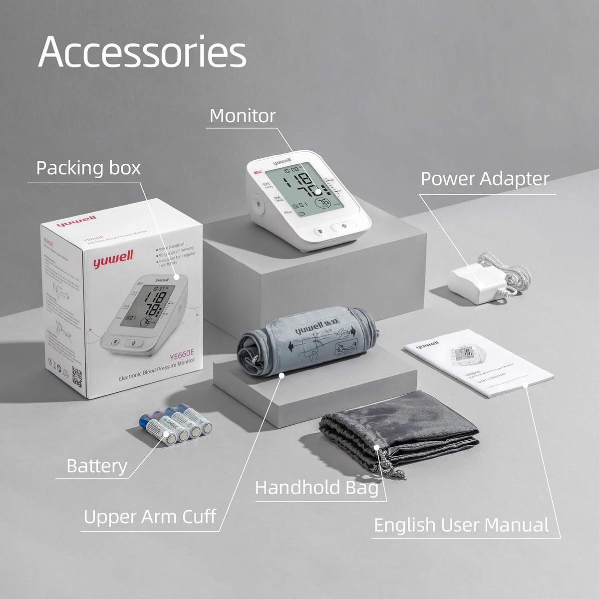 yuwell Blood Pressure Monitor, Large Upper Arm Blood Pressure Cuff, Digital Blood Pressure Machine for Home Use, Large Display, Stores 99 Readings, Voice Broadcasting with Power Adapter and Batteries