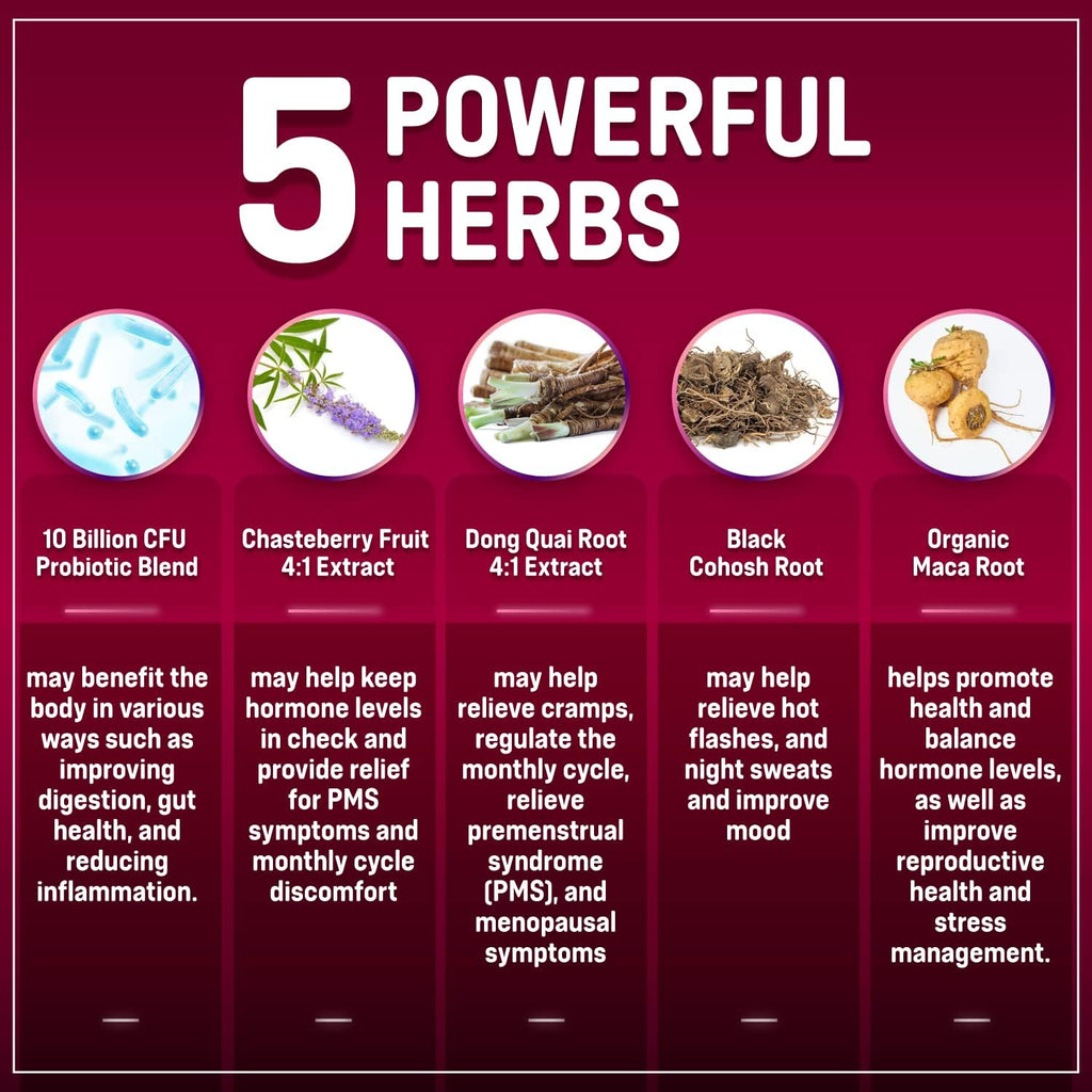 Hormone Balance + Probiotics for Women- Natural Menopause Relief, Weight Management, Bloating, Hot Flashes, PMS | Organic Maca, Chasteberry, Dong Quai & Black Cohosh | Non GMO |120 V Capsules
