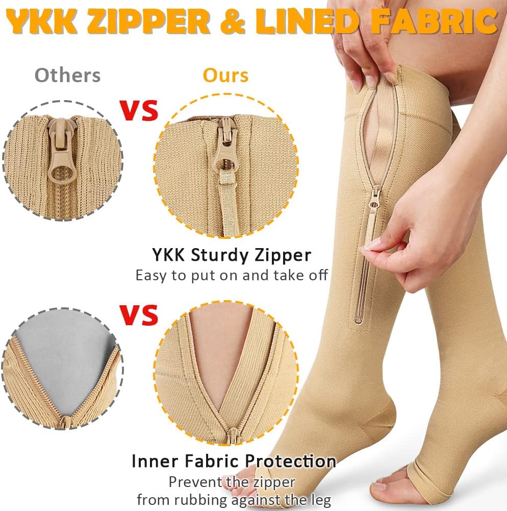 CASMON 15-20mmHg Zipper Compression Socks for Women and Men, Knee High Compression Stockings, Medical Open Toe Support Socks for Varicose Veins, Post-surgery, Swelling, Nurses, Pregnancy (1 Pair)