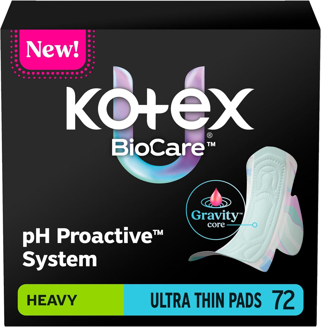 Kotex BioCare Ultra Thin Pads, Wings, Heavy, 72 Count, 3 Packs of 24