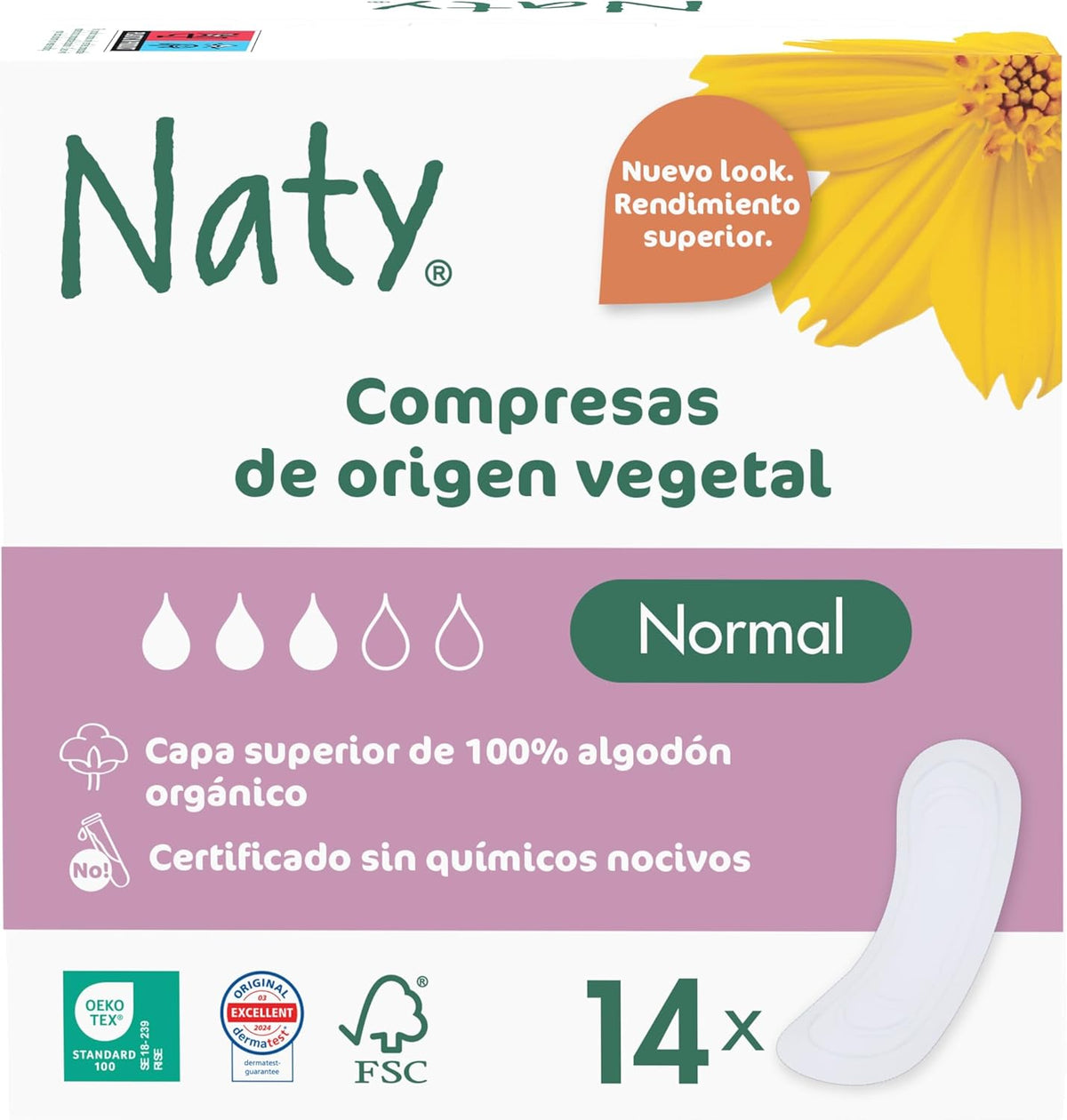 Naty Normal Pads without Wings | 100% Certified Organic Cotton in Contact with Skin | Certified Safe | Unscented, 0% Conventional Plastic | Absorbent Protection | 14 Count