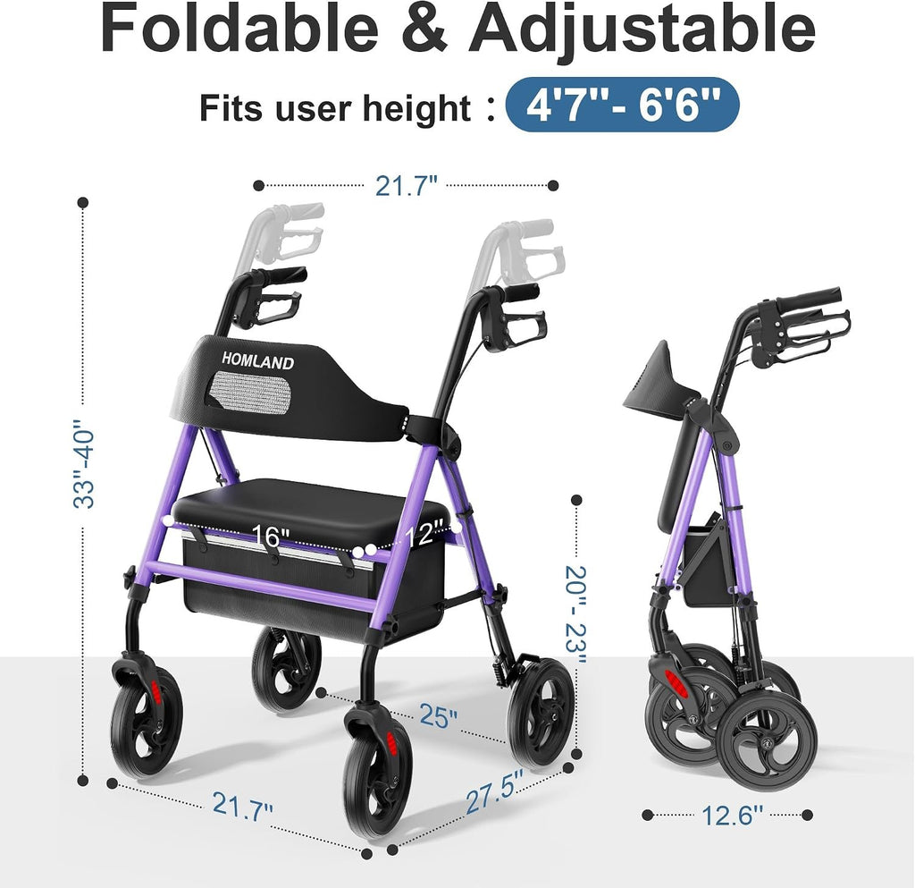 HOMLAND Foldable Rollator Walker with Seat for Seniors, 16" Enlarged Seat