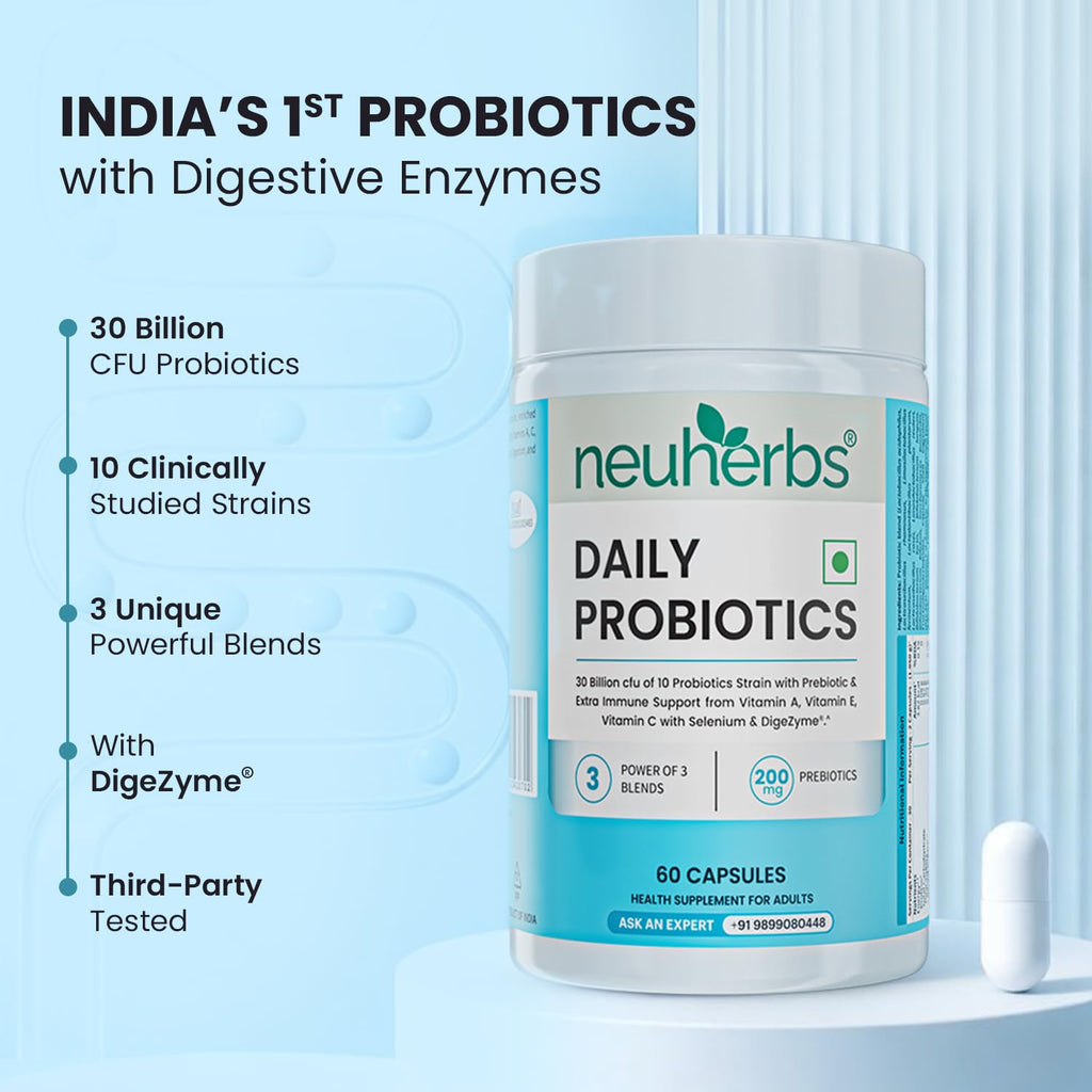 Neuherbs Daily Probiotics 30 Billion CFU with Prebiotics |Probiotics with Vitamin A, C & Selenium| Multi Strain Probiotic Capsules for Gut Health, Digestion, Immunity & Bloating Relief | 60 Capsules
