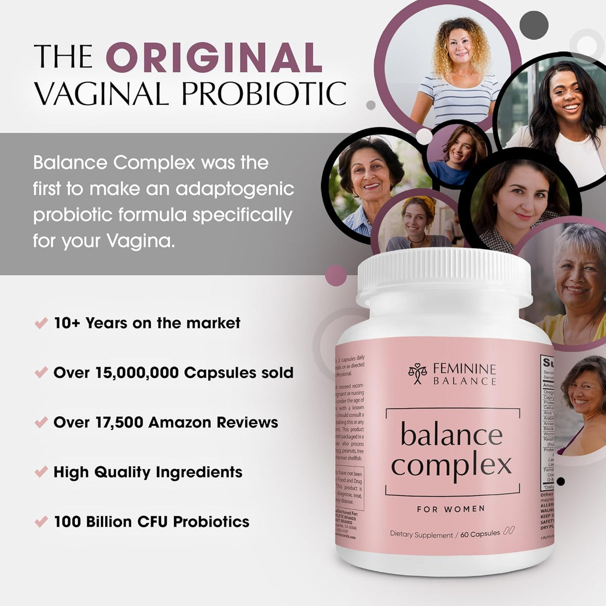 Balance Complex 17-in-1 Vaginal Health 100 Billion Probiotics for Women pH Balance with Cranberry & D-Mannose | Promote Urinary Tract Health for Vaginal Odor & Vaginal Flora, 60 Capsules