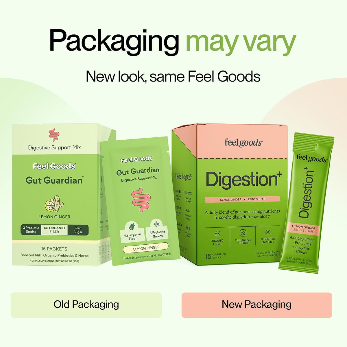 Feel Goods Digestion+ Gut Health Organic Fiber & Probiotic Powder Drink Mix | Digestive Enzymes, Digestion Plus, Bloating Relief, Gut Cleanse, Gut Guardian - Zero Sugar, 15 Stick Packets