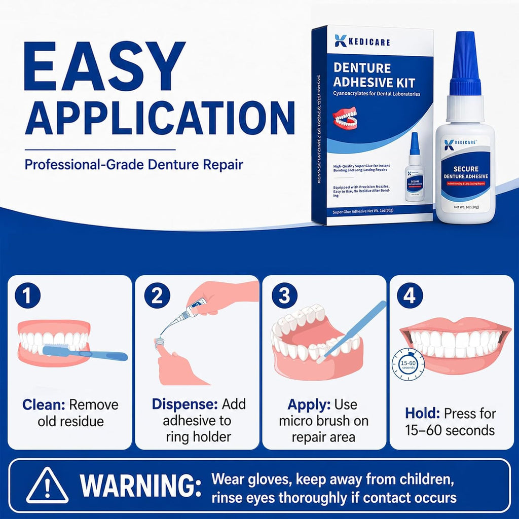 Dental Lab Instant Bonding Denture Adhesive Kit - Denture Repair Glue 1oz for Dentures & Lab Tools, Cracks, Gaps & Loose Teeth | Fast-Setting, Long-Lasting Hold | Safe, No Irritating Odor