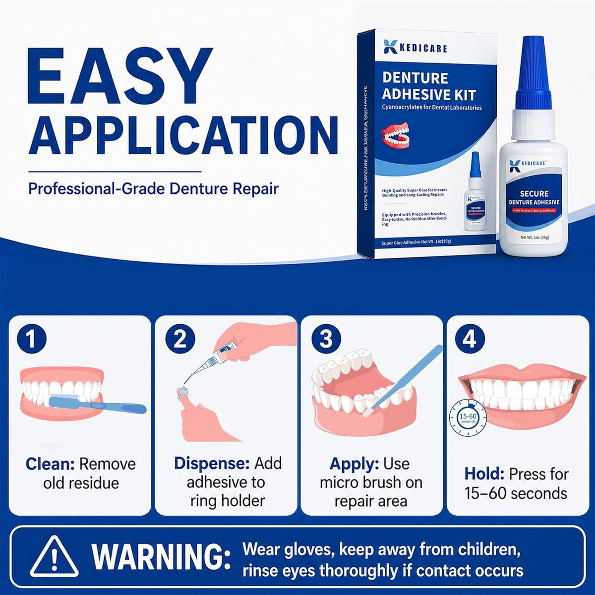 Dental Lab Instant Bonding Denture Adhesive Kit - Denture Repair Glue 1oz for Dentures & Lab Tools, Cracks, Gaps & Loose Teeth | Fast-Setting, Long-Lasting Hold | Safe, No Irritating Odor