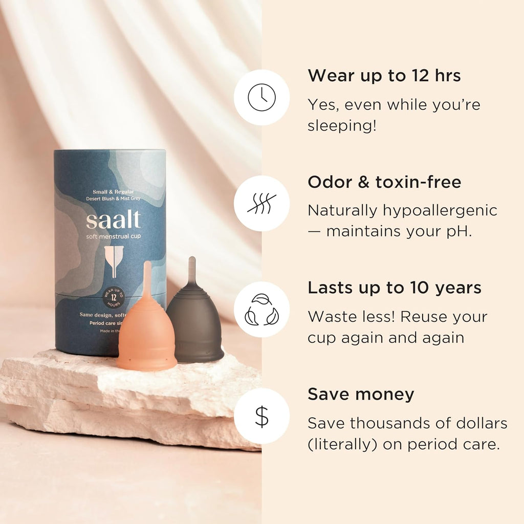 Saalt Soft Menstrual Cup – Reusable Period Cup – Made for Comfortable, Leak-Free Protection Up to 12 Hours – BPA & Latex Free – Includes Cup & Carry Bag (Regular Grey/Small Desert Blush)
