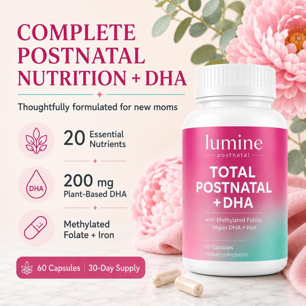 LUMINE Organics Postnatal Vitamins for Women 60 Capsules | Postnatal Nutrition with 20 Essential Nutrients, 200 mg Plant-Based DHA, Methylated Folate, Iron and Biotin for New Moms