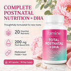 LUMINE Organics Postnatal Vitamins for Women 60 Capsules | Postnatal Nutrition with 20 Essential Nutrients, 200 mg Plant-Based DHA, Methylated Folate, Iron and Biotin for New Moms