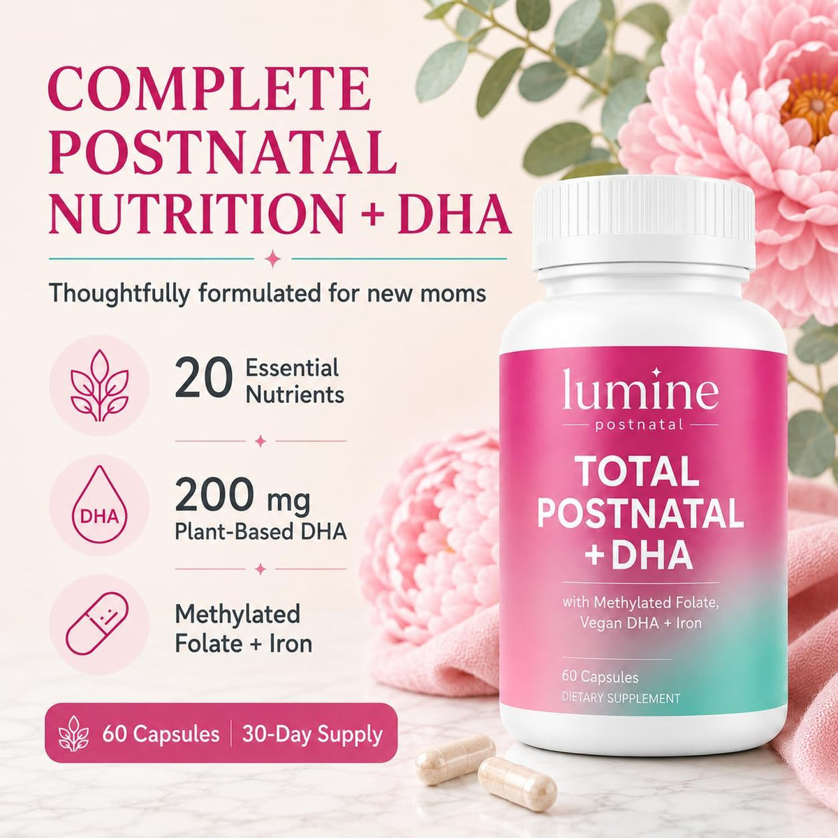 LUMINE Organics Postnatal Vitamins for Women 60 Capsules | Postnatal Nutrition with 20 Essential Nutrients, 200 mg Plant-Based DHA, Methylated Folate, Iron and Biotin for New Moms