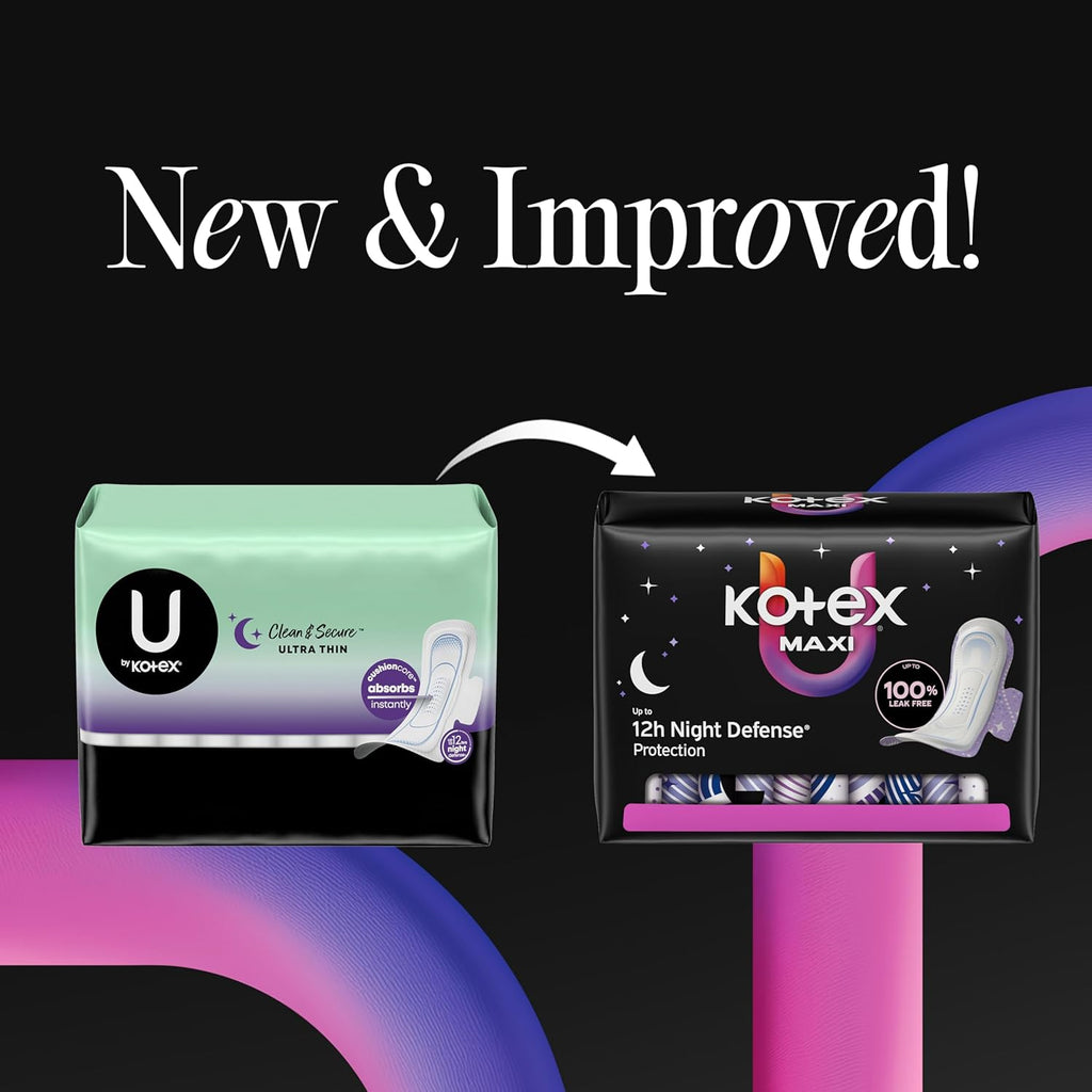 Kotex Overnight Maxi Pads with Wings, Extra Heavy Absorbency, 28 Count (Packaging May Vary)