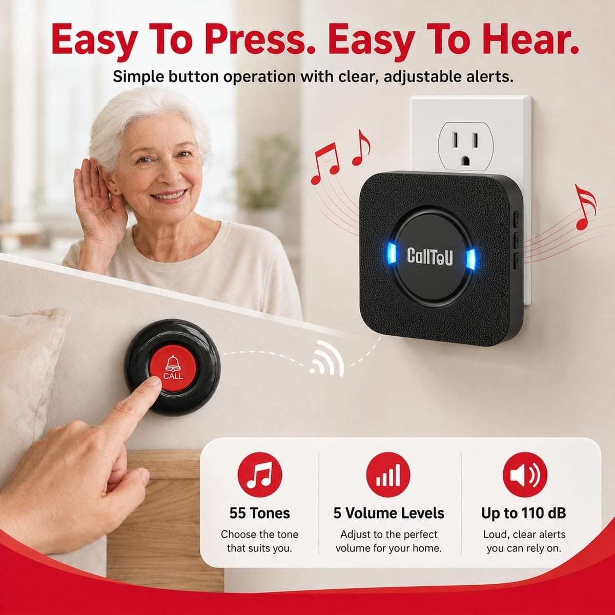 CallToU Caregiver Pager, Call Button for Elderly, Call Bell, 1+1 Black