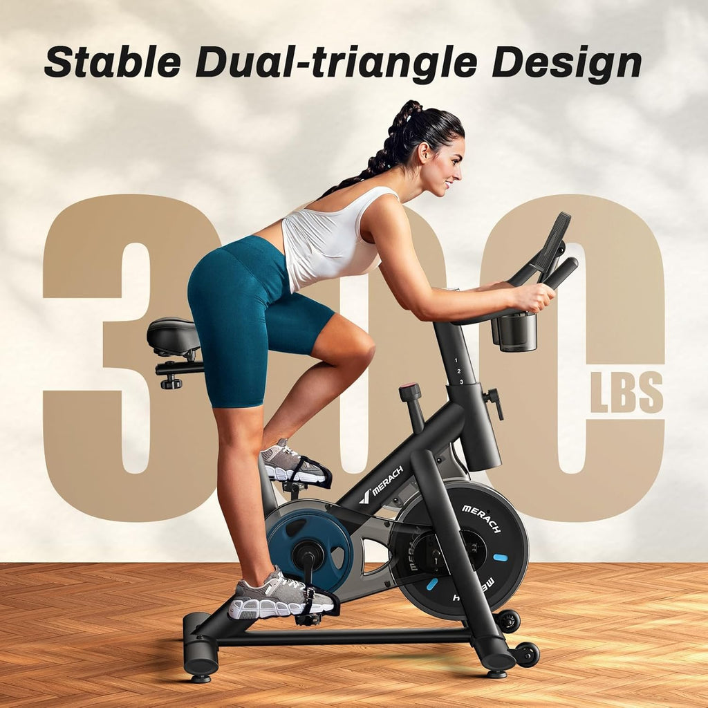 MERACH Exercise Bike, Magnetic Friction Stationary Bike with Brake Pad | Low Noise Indoor Cycling Bike with Exclusive App, 300lbs Weight Capacity, Tablet Mount and Fitness Courses for Weight Loss