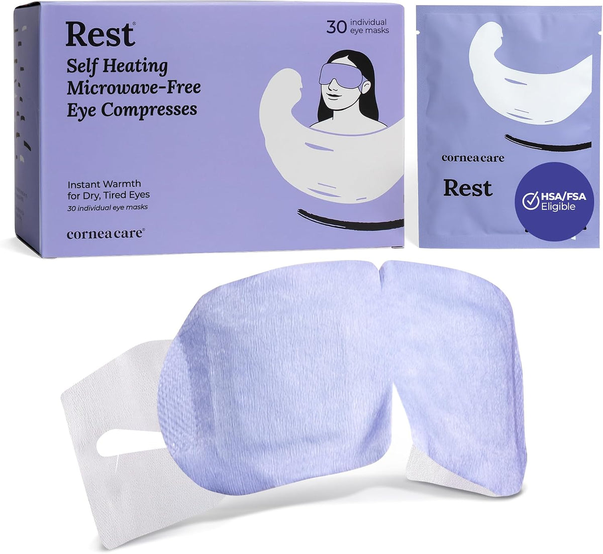 CorneaCare Rest Self Heating Warm Compress for Dry, Tired Eyes | 30 Count | Travel Ready Tired Eye Relief Anywhere | No Microwave Needed | Stye Eye Treament to Soothe Redness, Irritation & Puffiness