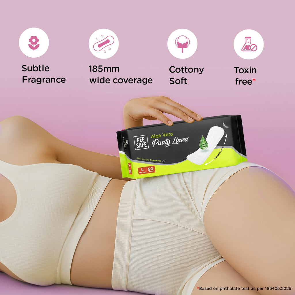 PEESAFE Aloe Vera Panty Liners (Pack of 50 Liners) | Curvy Design For Extra Comfort | Cottony-Soft Surface With 185mm Wide Optimal Coverage