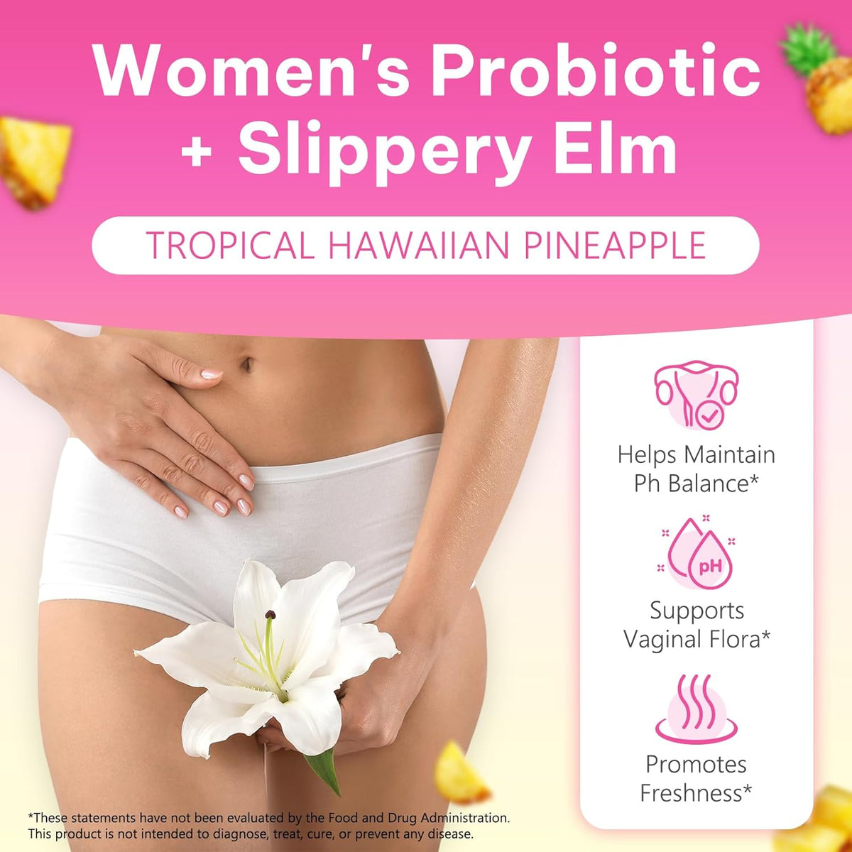 Women’s Probiotic Gummies with Slippery Elm | Plant-Based Prebiotic & Probiotic Blend | Natural Pineapple Flavour | Vegan & Gluten-Free | 60 Gummies