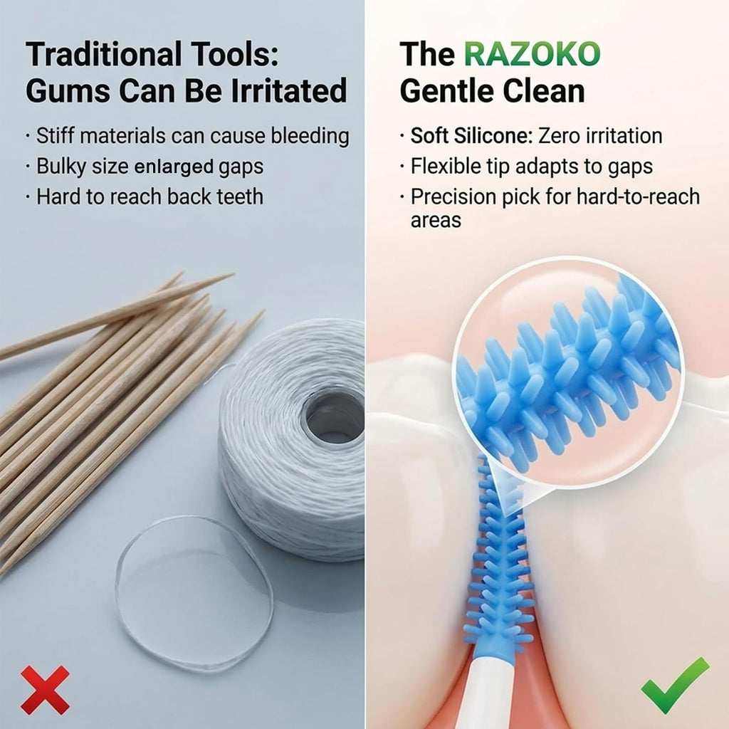 RAZOKO Silicone Soft Interdental Brushes | 300 Count Rubber Dental Picks with Travel Case | PFAS & BPA-Free