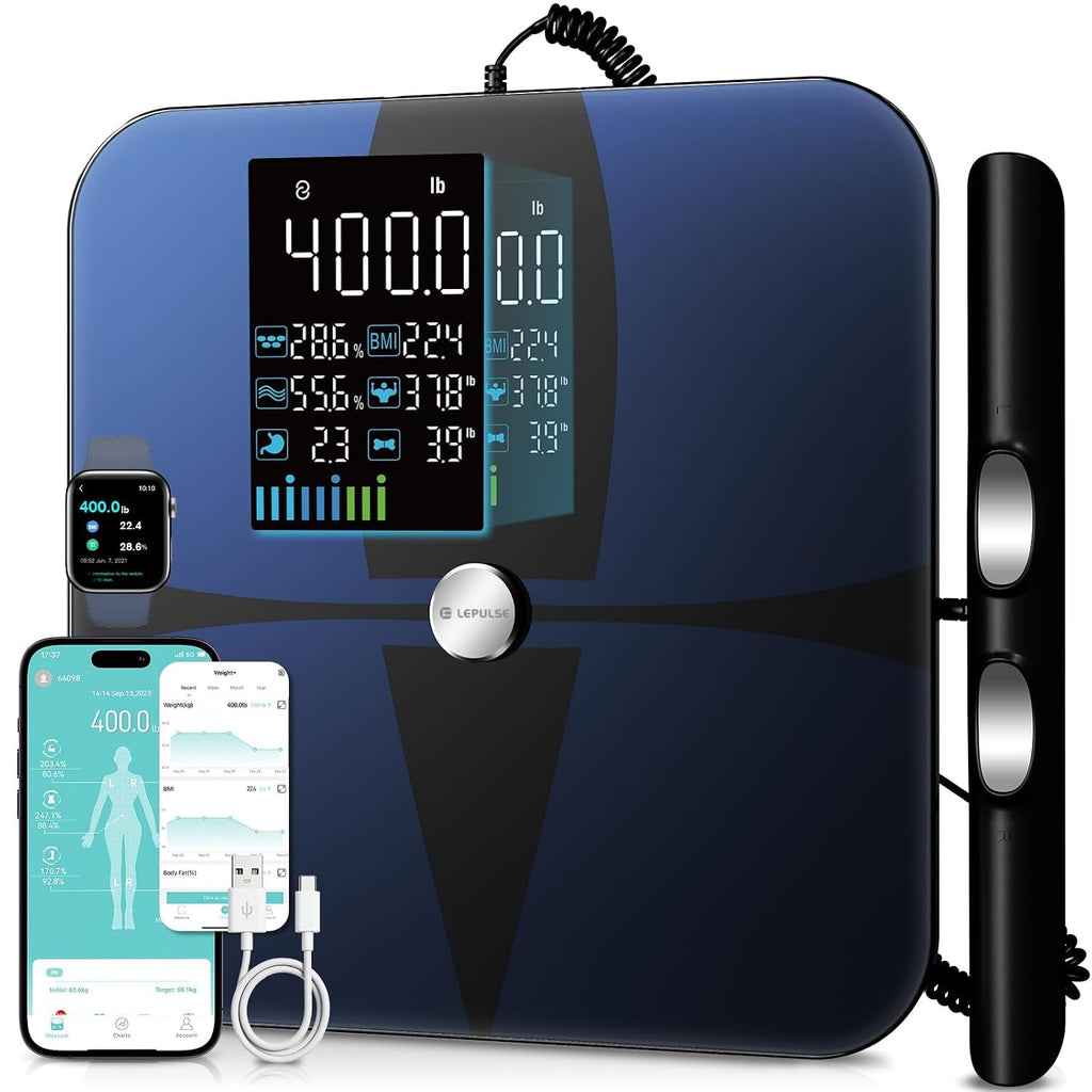 Lepulse Smart Scale for Body Weight, 8-Electrode Body Composition Scale | with BMI Body Fat Muscle Mass, Rechargeable Digital Body Scale with 20 Metrics in App, Large Color Display and Report, Black