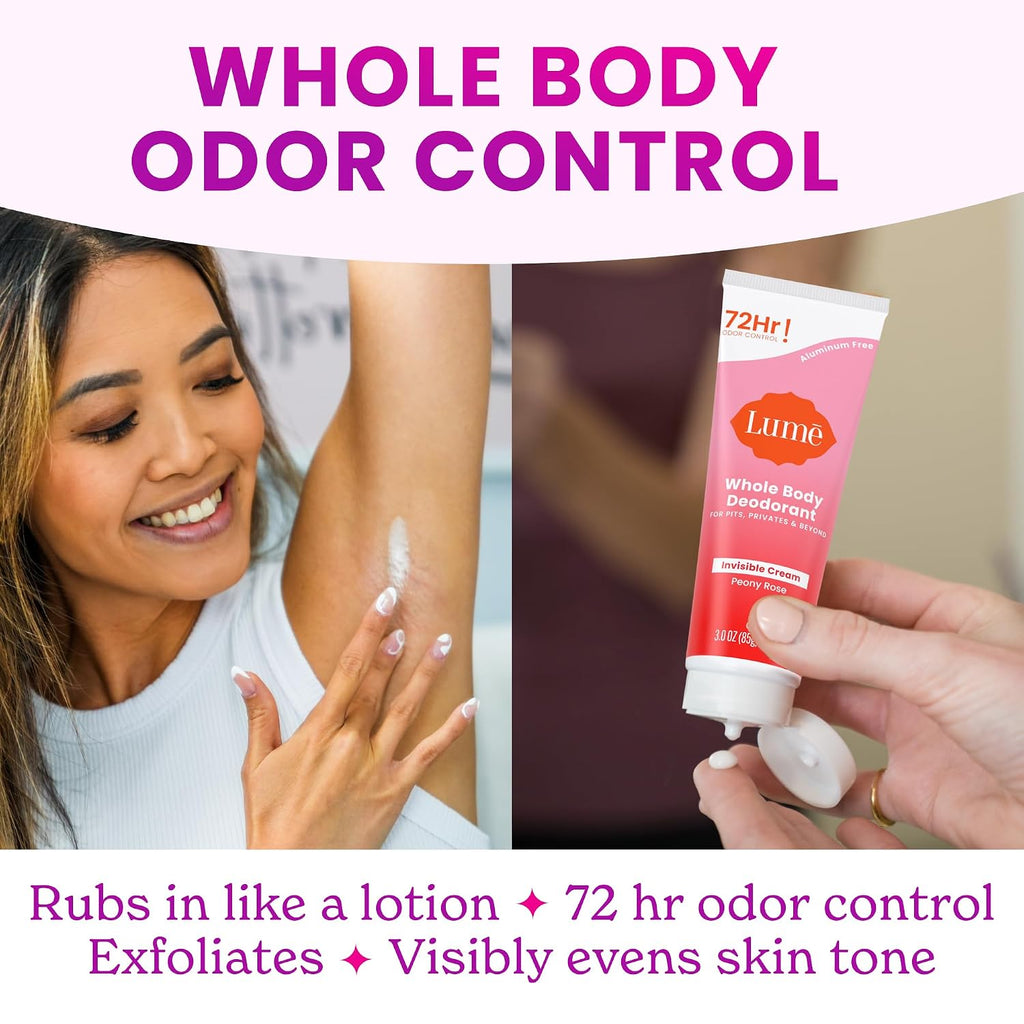 Lume Whole Body Deodorant - Cream Tube - 3 oz, 2 pk (Peony Rose) | 72 Hour Odor Control Aluminum Free Baking Soda Skin Safe deodorant lotion women full body