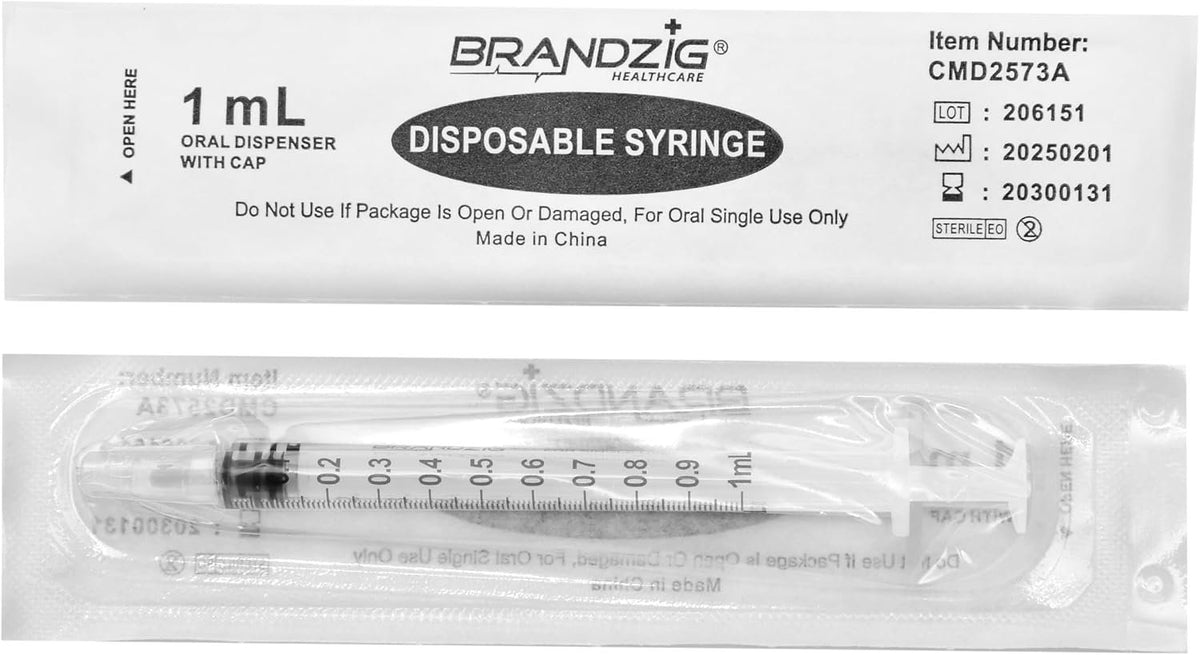 1ml Syringe with Cap (100 Pack) | Oral Dispenser Without Needle, Luer Slip Tip, | Sterile Individually Wrapped Medicine Dropper for Infants, Pets and Colostrum Collector