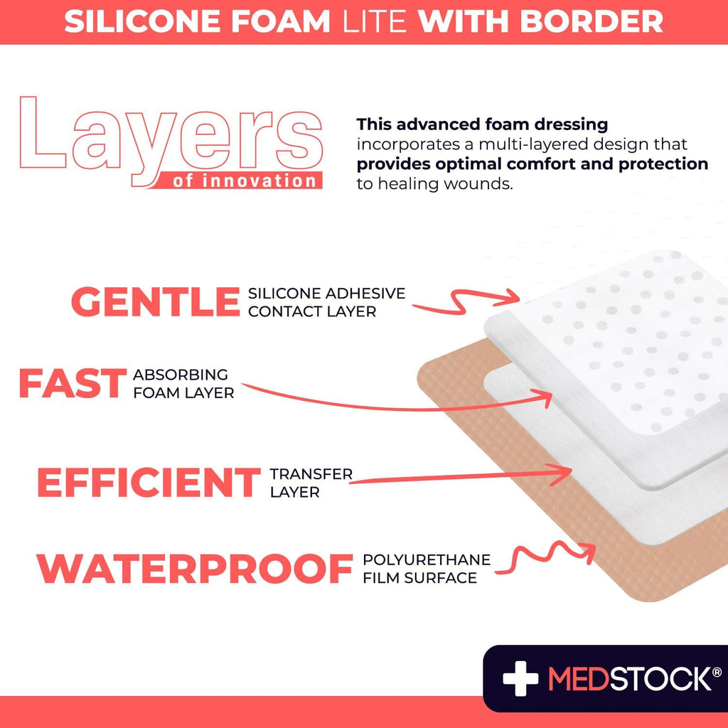 MEDSTOCK Silicone Foam Lite Dressing with Border, 10cm x 10cm, 10 Count, Comfortable Healing for Wounds, Waterproof, Gentle & Secure Adhesion