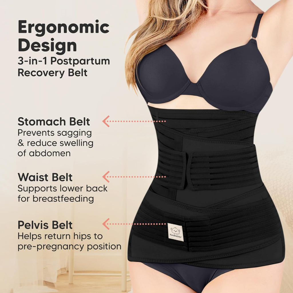 KeaBabies 3 in 1 Postpartum Belly Support Recovery Wrap - Belly Band for Postnatal, Pregnancy, Maternity - Girdles for Women Body Shaper (Midnight Black, M/L)