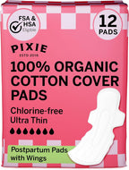 Pixie Organic Cotton Ultra Thin Postpartum Pads for Women - Extra Heavy Absorbency with Wings - Leak-Proof, Hypoallergenic & Unscented for Feminine Care - Compostable, Biodegradable - 12 Count