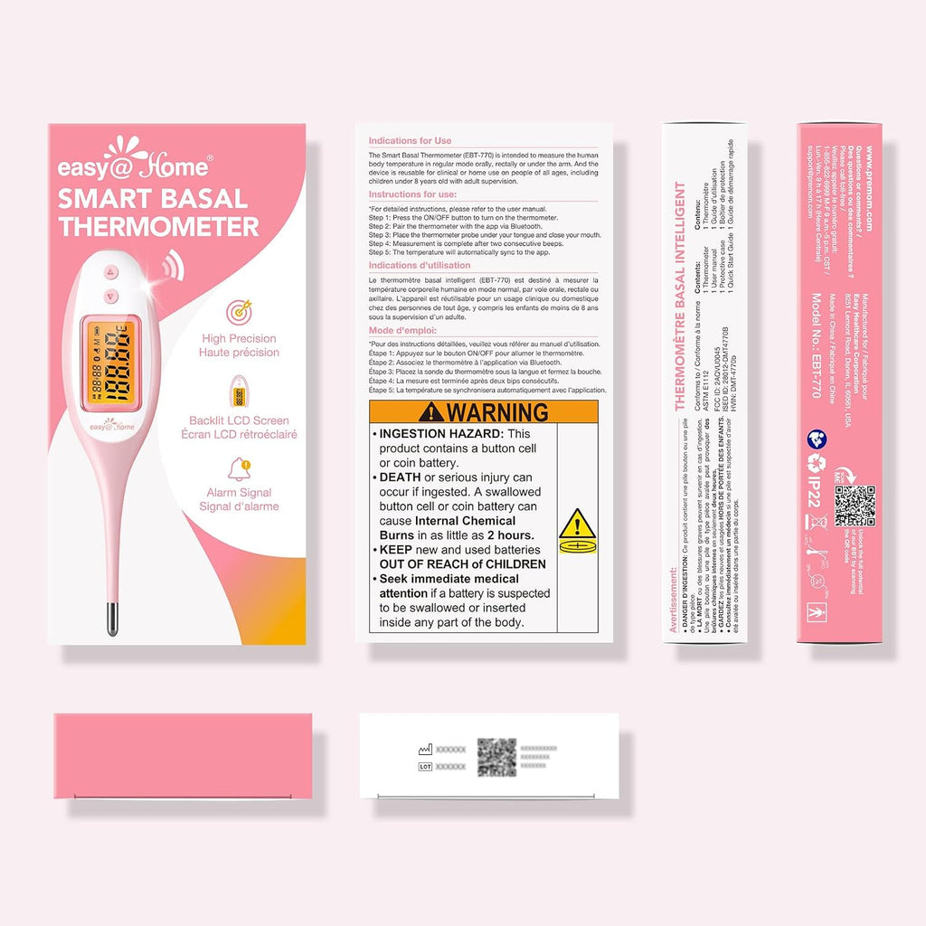 Easy@Home Bluetooth Basal Thermometer: Smart BBT for Ovulation with Large Backlit LCD Screen, 1/100th High-Precision Tracker & 30-Reading Memory | Compatible Premom App | EBT-770