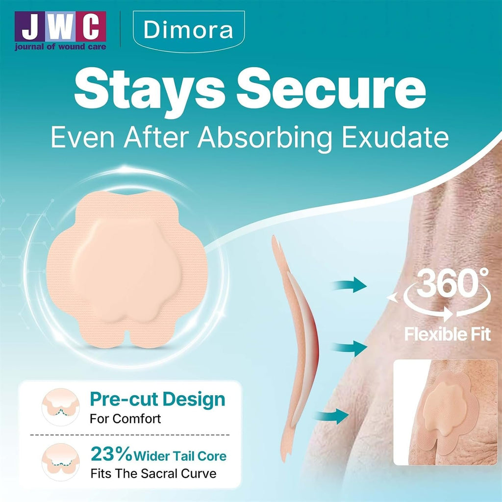 Dimora Sacrum Silicone Absorbent Wound Dressing with Border -7" x 7" Sacral Dressing for Bed Sores, Pressure Sore Large Bandage with Gentle Adhesive for Moderate to Heavy Exudate (10 Count)