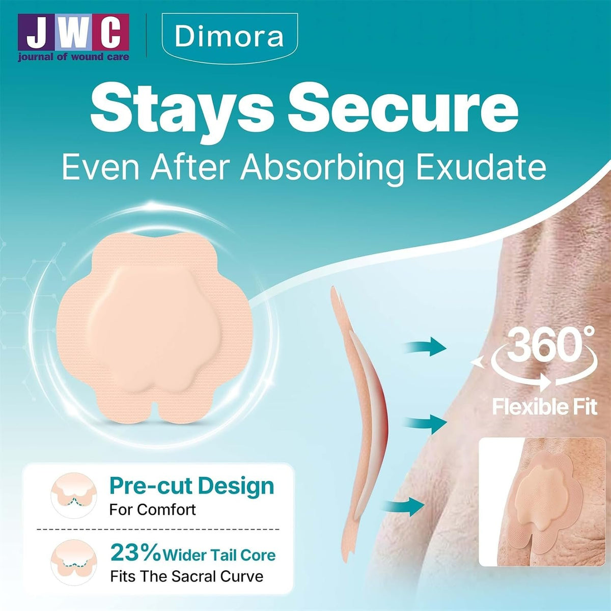 Dimora Sacrum Silicone Absorbent Wound Dressing with Border -7" x 7" Sacral Dressing for Bed Sores, Pressure Sore Large Bandage with Gentle Adhesive for Moderate to Heavy Exudate (10 Count)