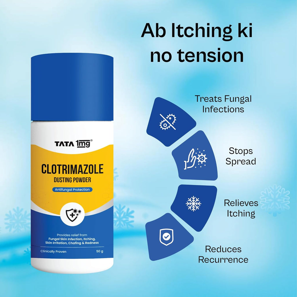 TATA 1MG Clotrimazole Dusting Powder for Sweat Rash, Itching, Skin Irritation, Chafing & Redness - 1 * 50gms