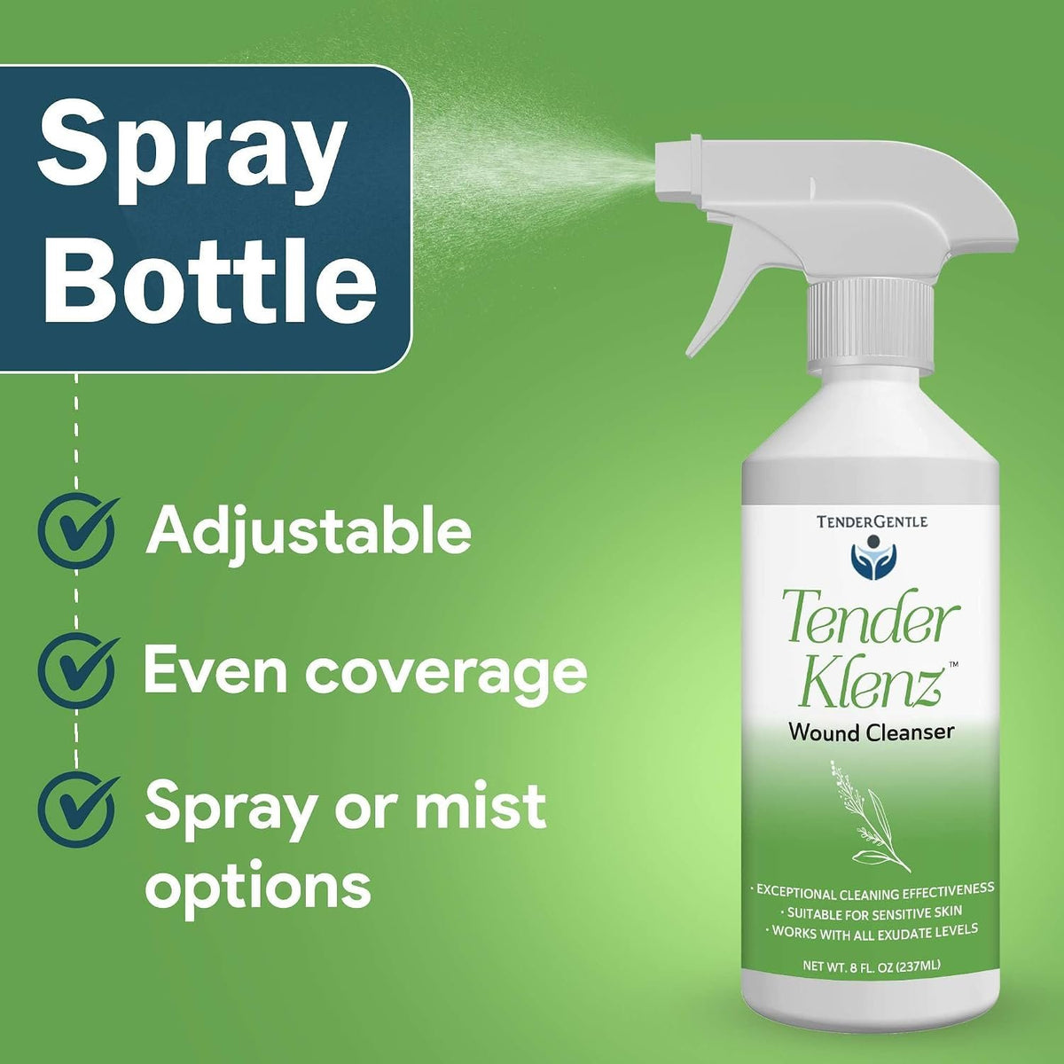 Wound Cleanser Spray, 8 oz - Saline Wound Wash for Cleaning Wounds - No Rinse Solution with Adjustable Nozzle - Good for Sensitive Skin