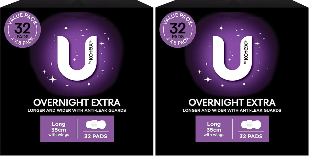 U by Kotex Extra Overnight Pads Long with Wings 64 Pack (4 x 8 Pack) - Packaging May Vary