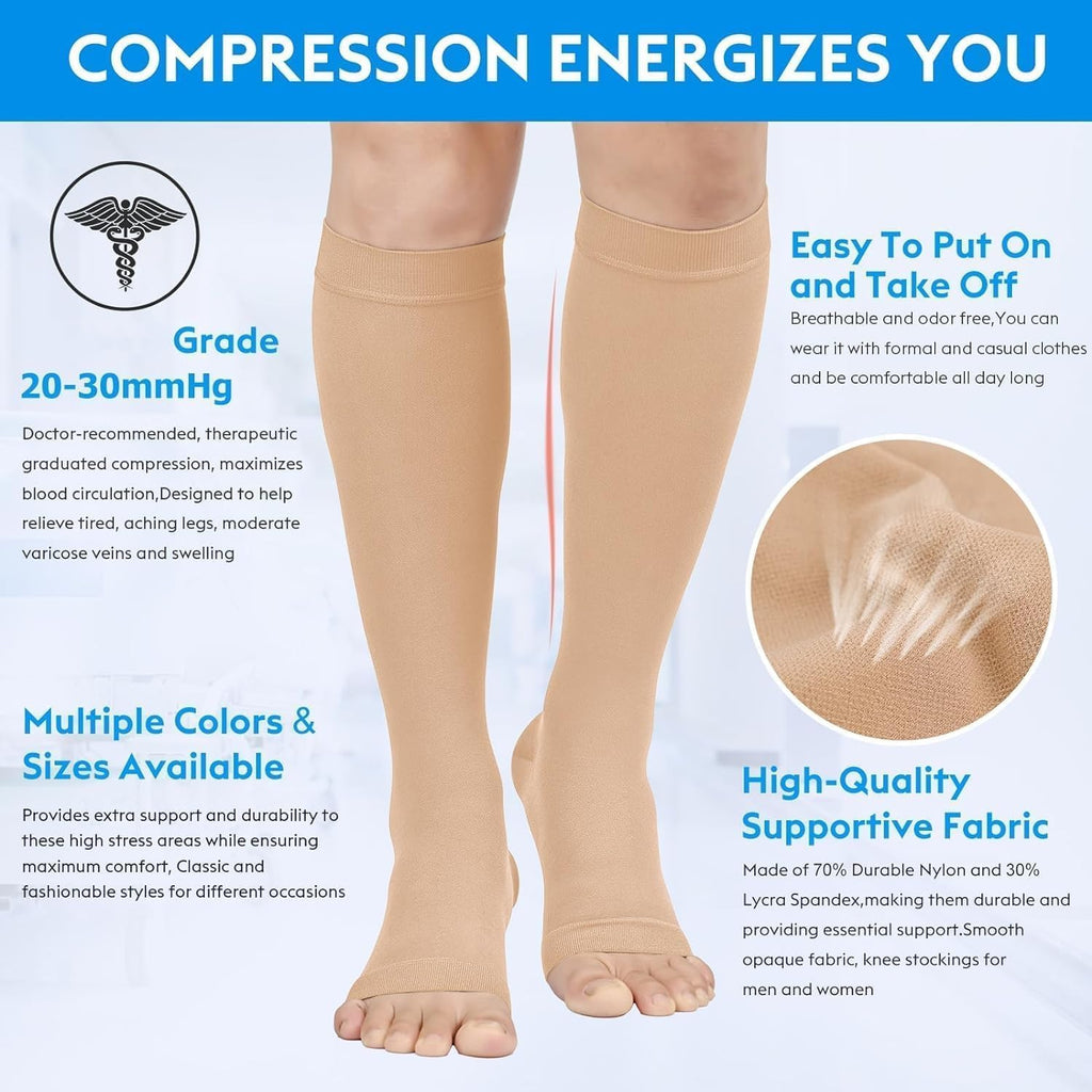 Compression Socks, Open Toe, Medical 20-30 mmHg Graduated Compression Stockings for Men Women, Knee High Compression Sleeves for Pregnancy, Varicose Veins, Relief Shin Splints, Nursing, Edema, Sports