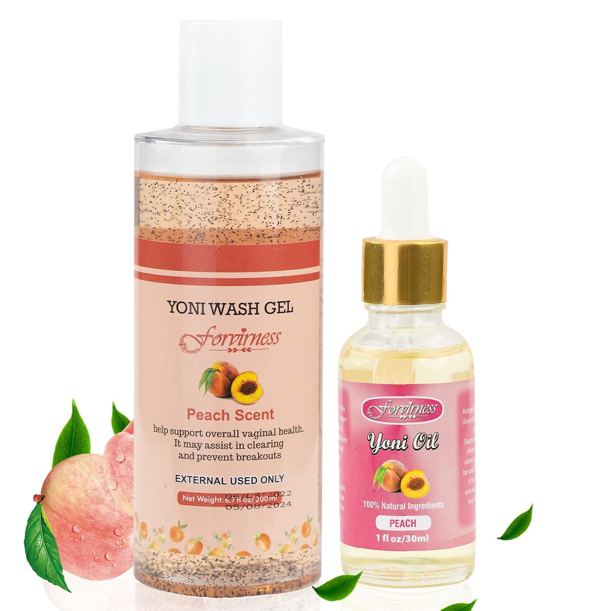 forvirness Natural Feminine Wash Yoni Oil Set, Body Cleanser with Cleaning Factor, Yoni Wash for Women pH Balance,1 fl.oz Peach Feminine Oil & 6.7 fl.oz Intimate Cleanser